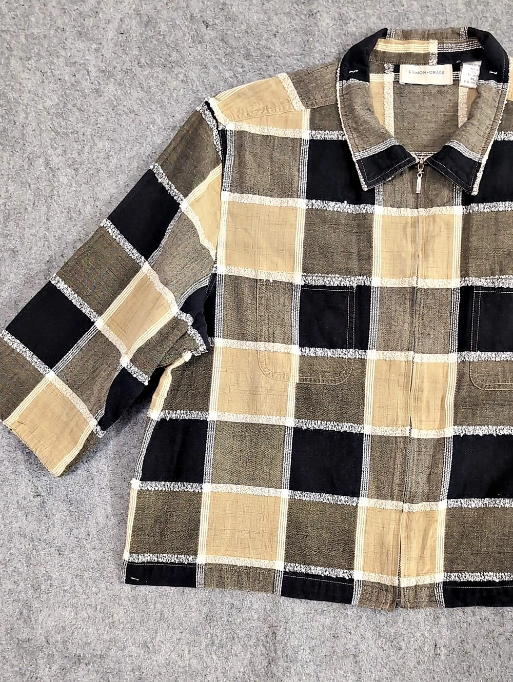 Lemon Grass Plaid Cotton Utility Jacket in Black & Brown XL
